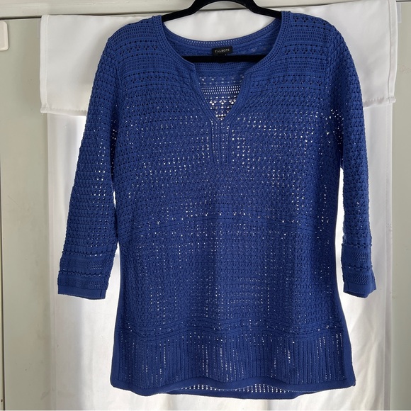 Talbots Quarter Sleeve Tee Top Womens M Blue Open Knit Pullover EUC - Picture 3 of 9